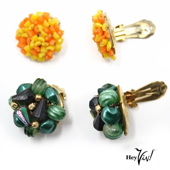 2 Pairs of Vintage Cluster Clip On Earrings - Marked Hong Kong - 1" - Hey Viv - Picture 3 of 4